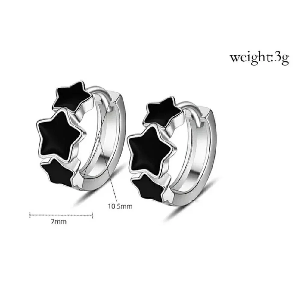 NWT Stars Hoop Huggie Earrings S925 Sterling Silver Triple Black Minimalist